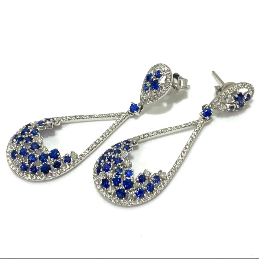 14k White Gold Blue Sapphire & Diamond Chandelier Teardrop Earrings.